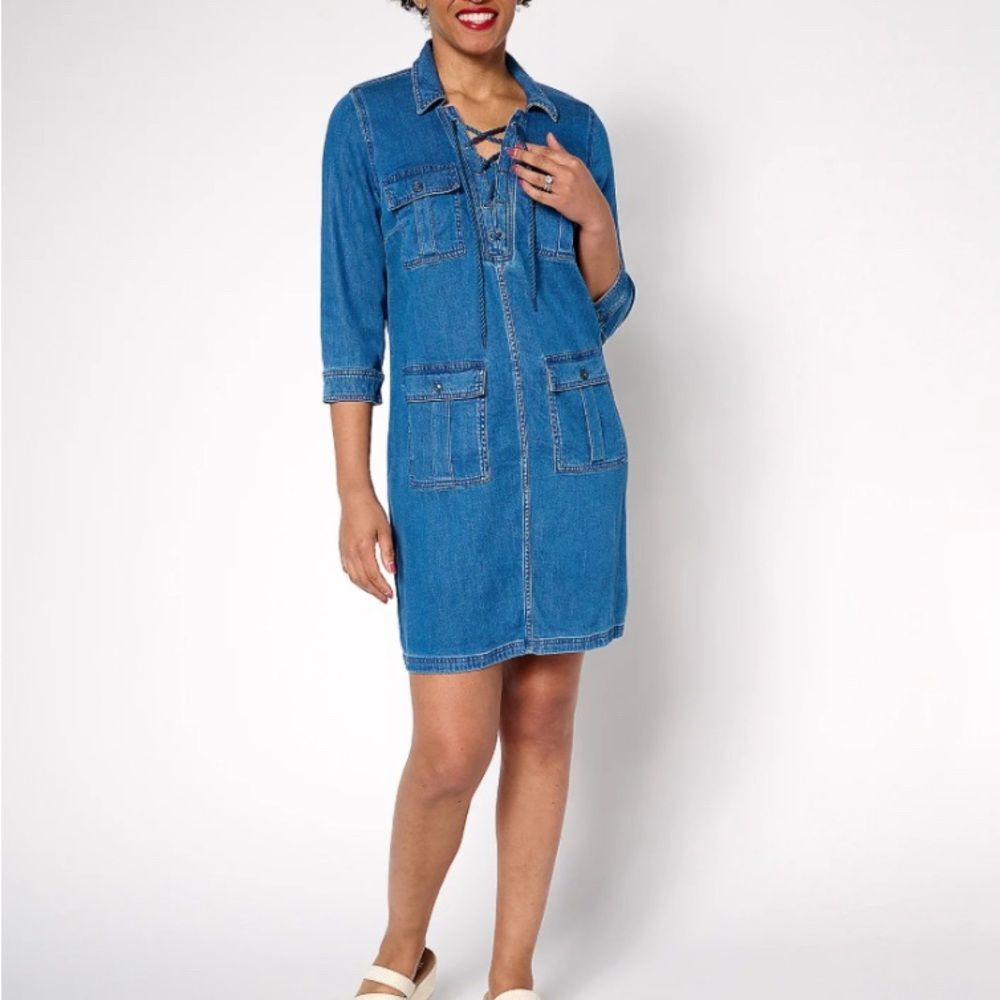 Martha Stewart Signature Petite Denim Lace Up Safari Dress XSP